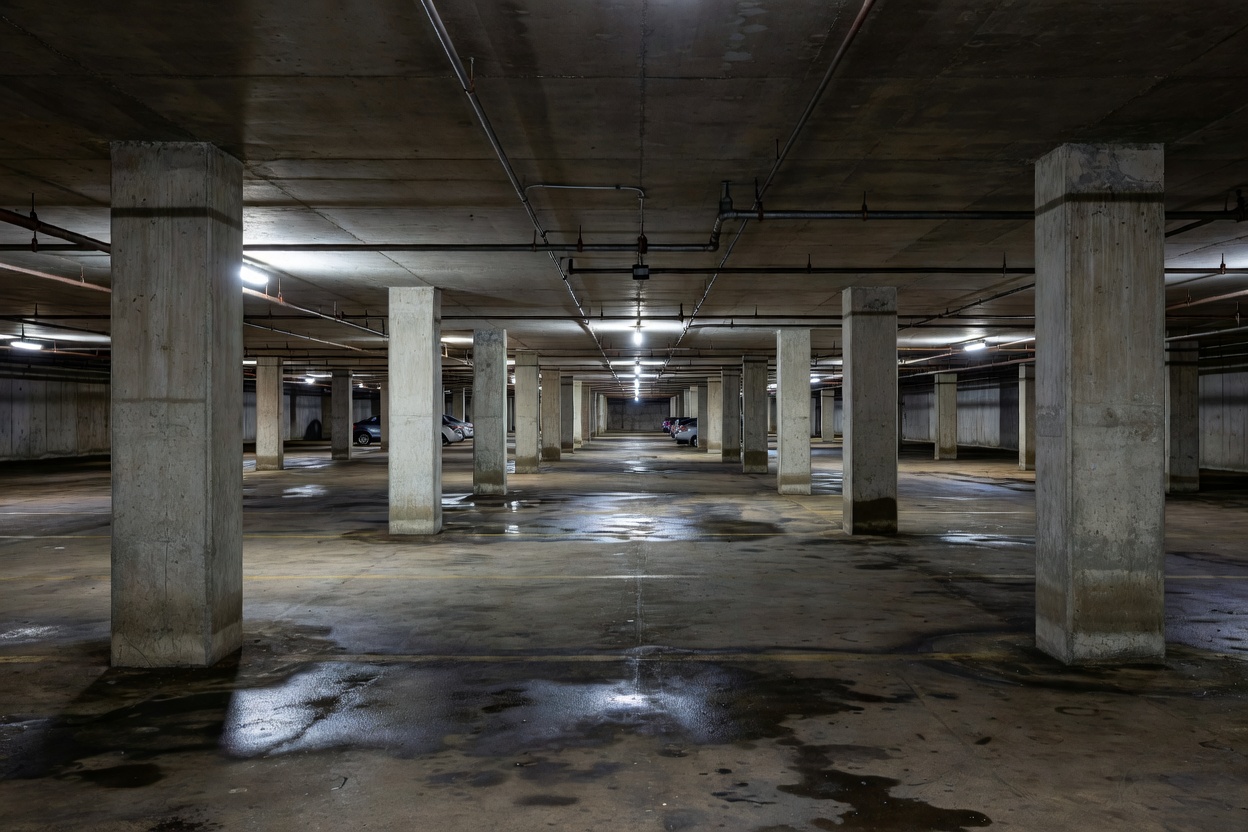 Concrete columns supporting the ceiling of a below-grade parking structure