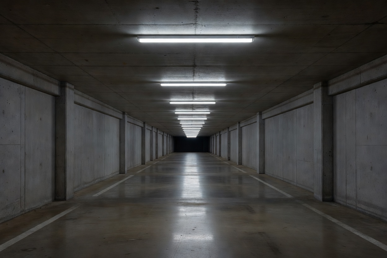 Linear light fixtures illuminating a concrete underground parking aisle