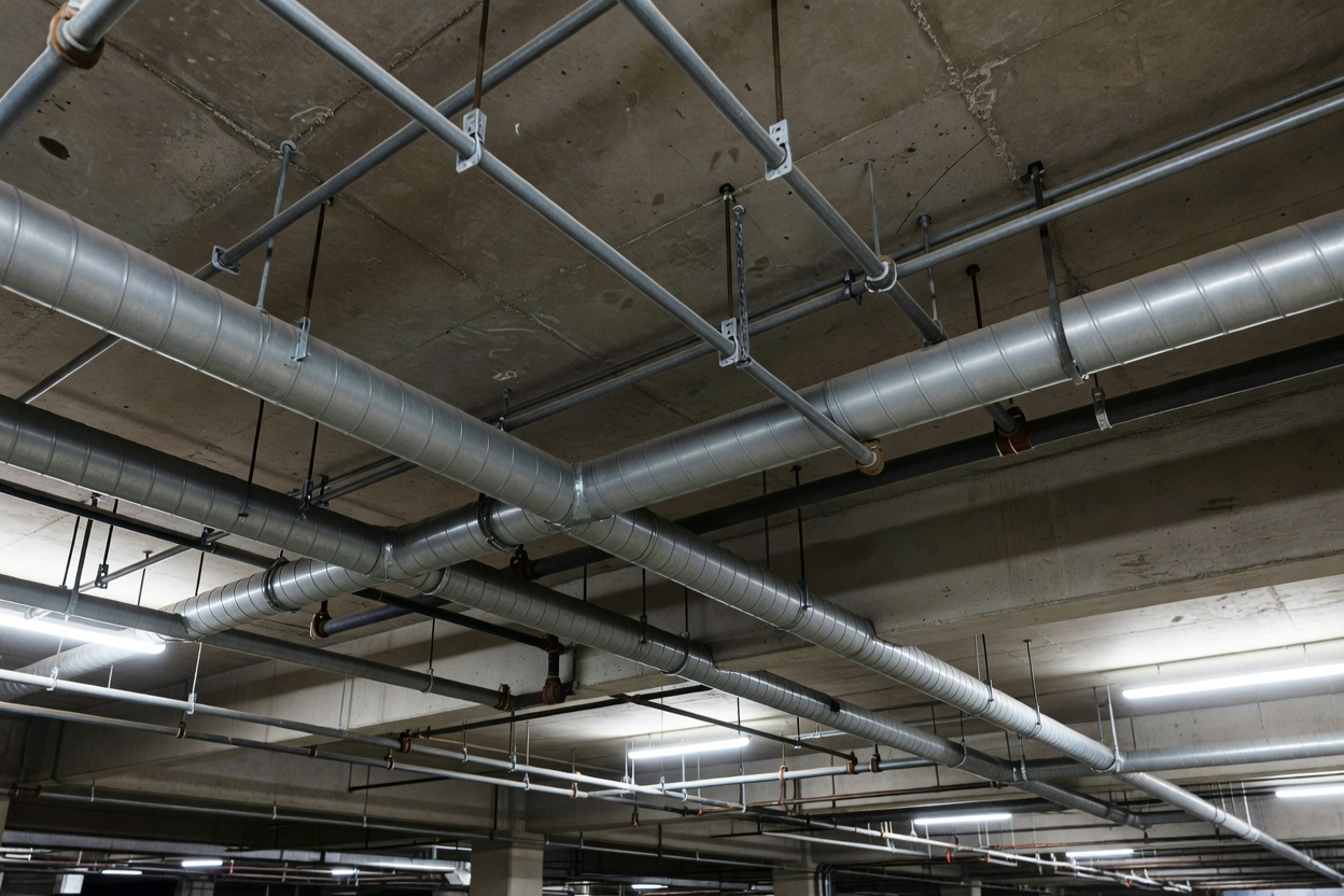 Ventilation ductwork and service runs visible below a concrete parking garage ceiling