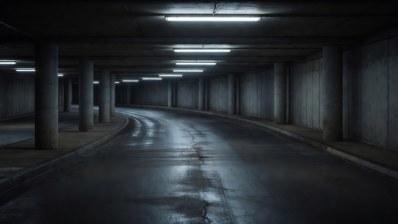 Concrete vehicle ramp descending into a multilevel underground parking garage